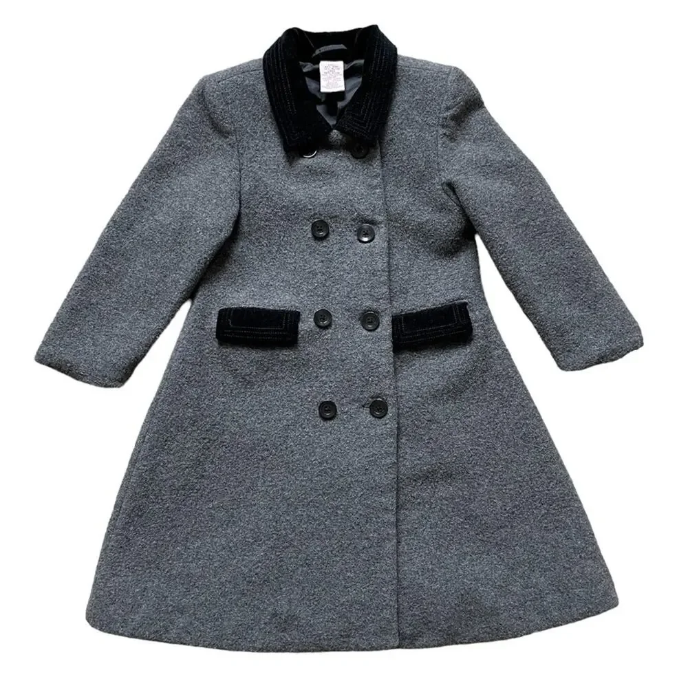 Gymboree Wool Blend Grey Double Breasted Girls Pea Coat Black Velvet Collar 3T